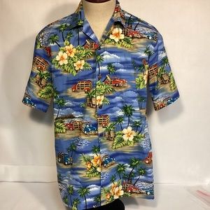 Aloha Republic Vintage Hawaiian shirt with Woody Cars and Surfboards size large